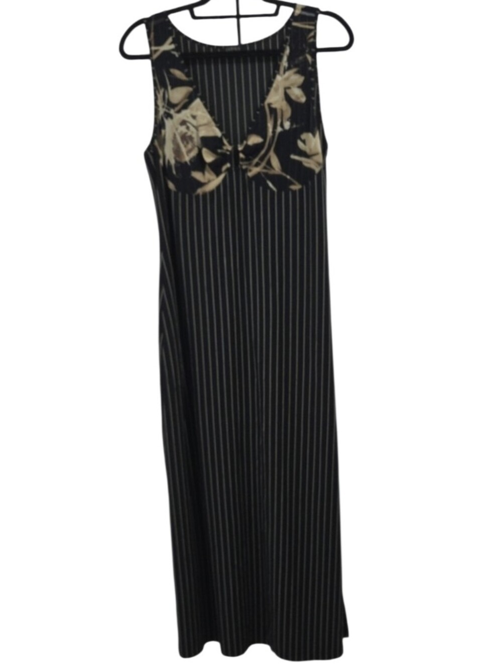 Vintage 90s La Perla Black Pinstripe Maxi Dress with Floral mesh Bodice